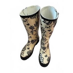 Floral Rubber Rainboots Cream & Black Size 7